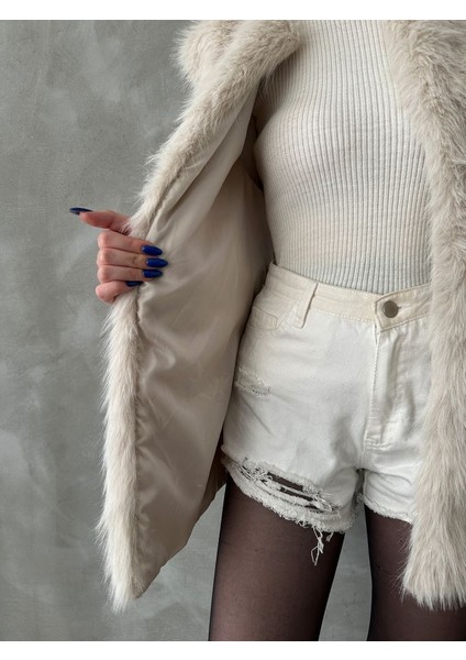 Krem Tüylü Uzun Kürk Şık Premium Luxury Trend Özel Tasarım Kadın Yelek fırsatları