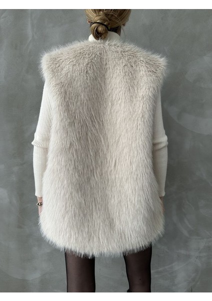 Krem Tüylü Uzun Kürk Şık Premium Luxury Trend Özel Tasarım Kadın Yelek indirimleri