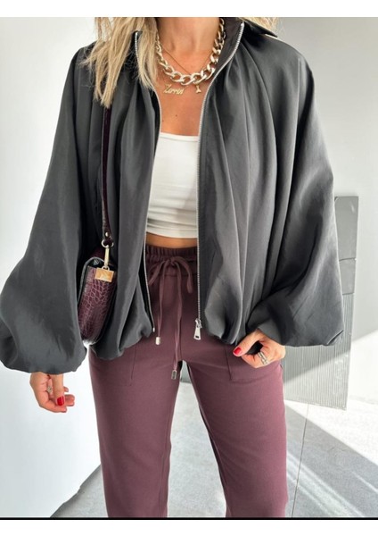 Egzotik Kadın Beli & Manşeti Büzgü Detaylı Mat Saten Kumaş Premiım Bomber Mont