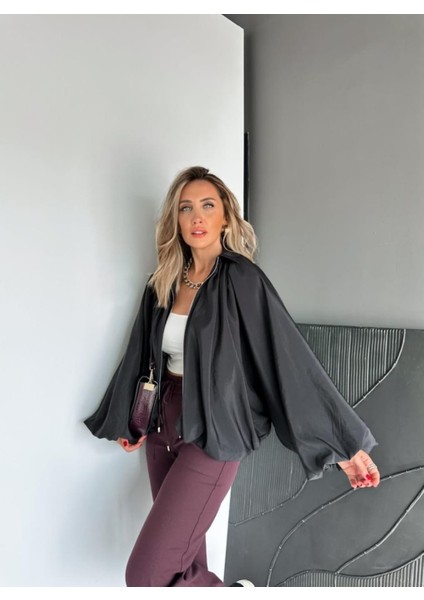 Egzotik Kadın Beli & Manşeti Büzgü Detaylı Mat Saten Kumaş Premiım Bomber Mont modelleri