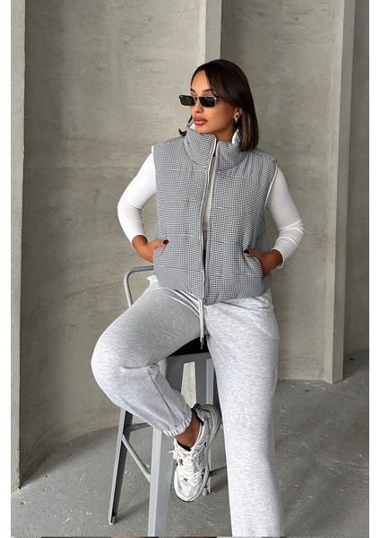 Gri Pitikare Desen Elyaflı Şişme Şık Premium Luxury Trend Özel Tasarım Kadın Yelek