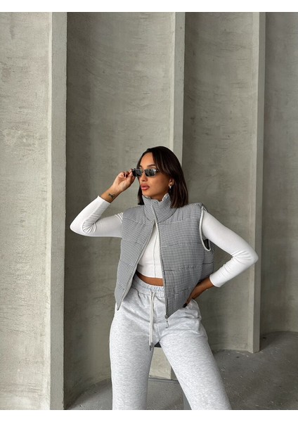 Gri Pitikare Desen Elyaflı Şişme Şık Premium Luxury Trend Özel Tasarım Kadın Yelek fırsatları