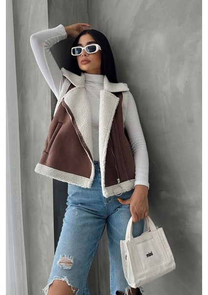 Taba-Krem Süet Yakası Kürklü Premium Luxury Trend Özel Tasarım Kadın Yelek