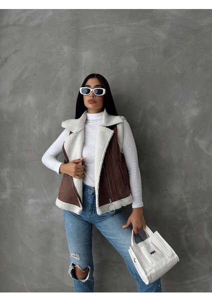 Taba-Krem Süet Yakası Kürklü Premium Luxury Trend Özel Tasarım Kadın Yelek fiyatları