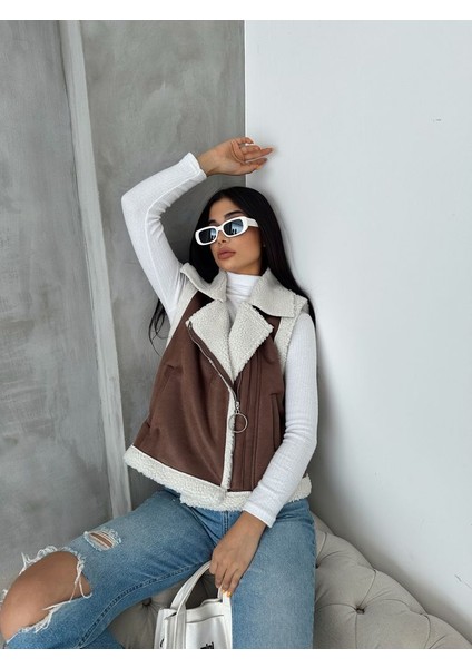 Taba-Krem Süet Yakası Kürklü Premium Luxury Trend Özel Tasarım Kadın Yelek modelleri