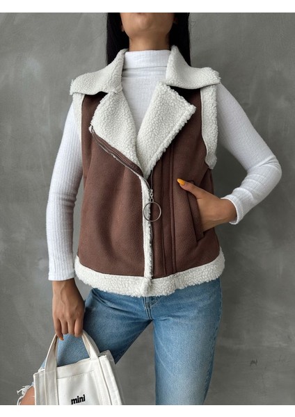 Taba-Krem Süet Yakası Kürklü Premium Luxury Trend Özel Tasarım Kadın Yelek fırsatları