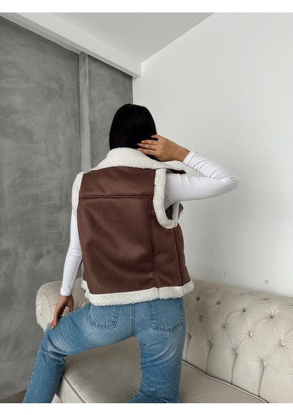 Taba-Krem Süet Yakası Kürklü Premium Luxury Trend Özel Tasarım Kadın Yelek indirimleri