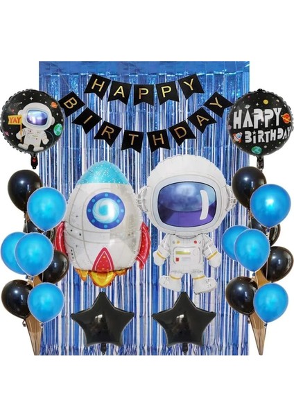 Doğum Günü Partisi Süslemeleri Set Astronot Roket Balon Seti Mavi
