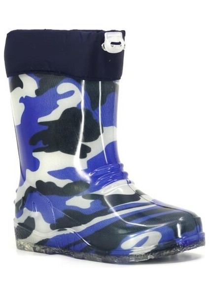 Peluş Astarlı Lacivert Kamuflaj Çocuk Yağmur Çizmesi – Hafif, Dayanıklı, Kaymaz Pvc Taban