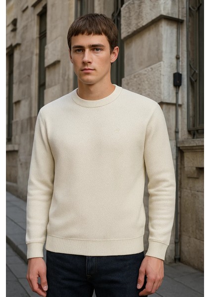 Erkek Bisiklet Yaka Salaş Kışlık Bol Krem Sweatshirt