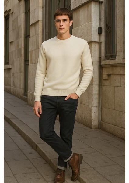 Erkek Bisiklet Yaka Salaş Kışlık Bol Krem Sweatshirt modelleri
