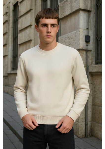 Erkek Bisiklet Yaka Salaş Kışlık Bol Krem Sweatshirt fırsatları