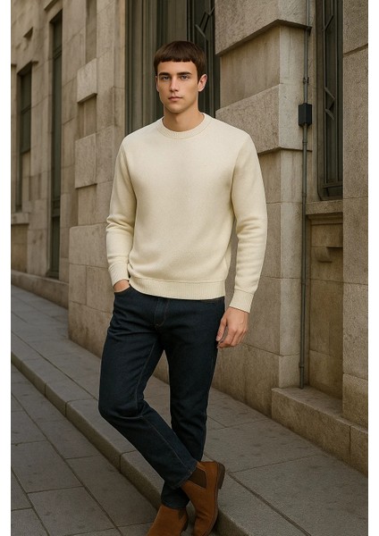 Erkek Bisiklet Yaka Salaş Kışlık Bol Krem Sweatshirt