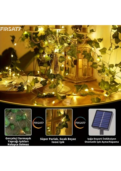 Güneş Enerjili Dekoratif Yapay Yaprak Sarmaşık 50 LED 5 Metre Solar Bahçe Balkon Dekor Şarmaşık LED indirimleri