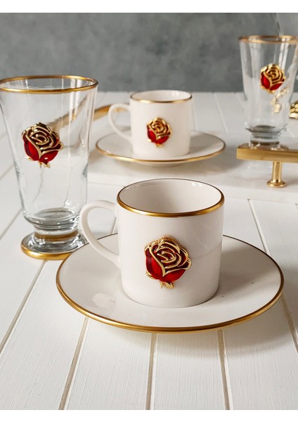 Love Roses 2 Kişilik Dekorlu Kadehli 6 Parça Kahve Fincan Takımı