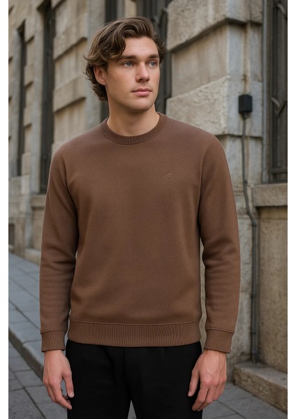 Erkek Bisiklet Yaka Salaş Kışlık Kahve Sweatshirt