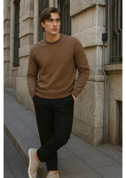 Erkek Bisiklet Yaka Salaş Kışlık Kahve Sweatshirt modelleri