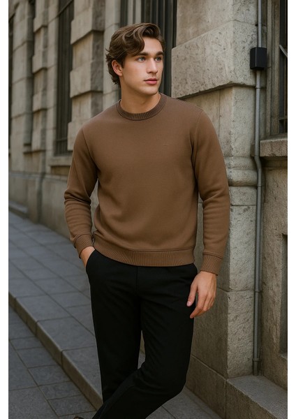Erkek Bisiklet Yaka Salaş Kışlık Kahve Sweatshirt