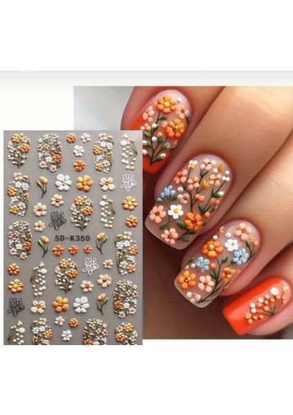 5d Kabartmalı Kahve Tonlu Çiçekler Tırnak Süsleme Stickerı Nail Art Süslemeleri