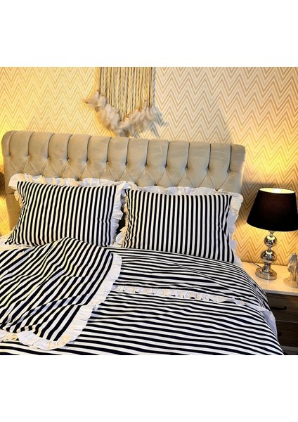 Lacivert Renkli Çizgili, Fırfırlı Yorgan Kılıfı