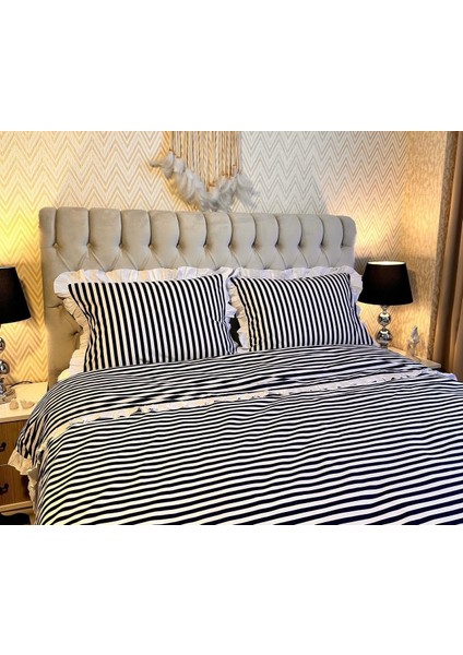 Lacivert Renkli Çizgili, Fırfırlı Yorgan Kılıfı fiyatları