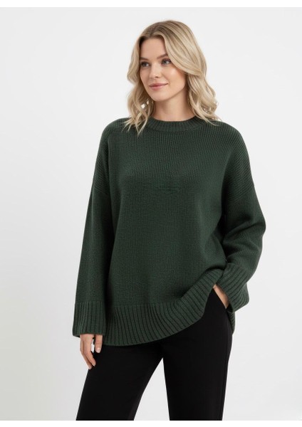 Basic Kadın Kazak Koyu Yeşil Oversize