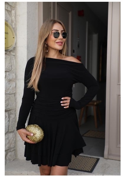 Buketli Kadın Beli Drapeli Eteği Kat Kat Uzun Kollu Sandy Kumaş Mini Elbise