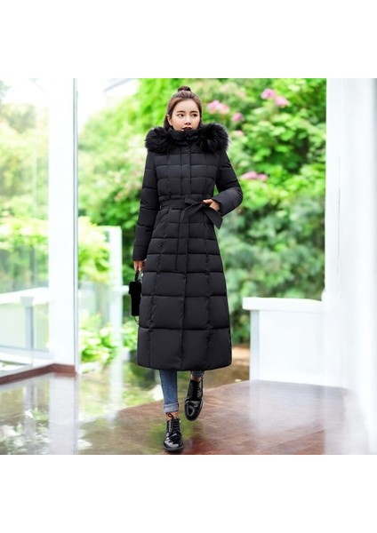 Kışlık Uzun Kürklü Kapüşonlu Kadın Şişme Mont