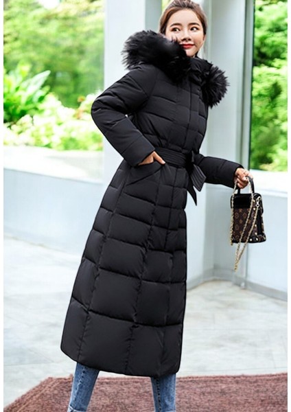 Kışlık Uzun Kürklü Kapüşonlu Kadın Şişme Mont