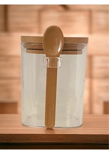 Kare Bambu Kapaklı Kaşıklı Kristal Plastik Baharat Saklama Kabı 500ML ( 1 Adet ) ROYALEKS-HS501