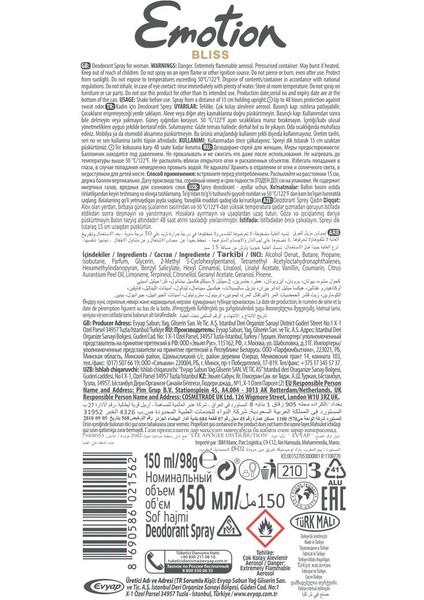Emotion Bliss Kadın Vegan Deodorant 150 ml Hızlı Kurur , Leke Bırakmaz