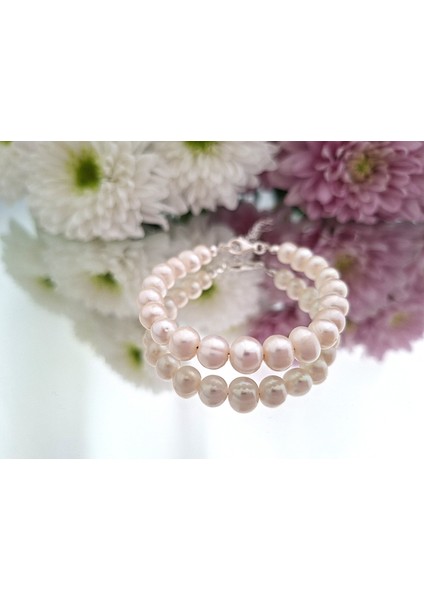 Beyaz Barok Inci 925 Ayar Gümüş Aparatlı Bileklik 8 mm