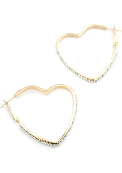 Taşlı Kalp Halka Küpe - Altın