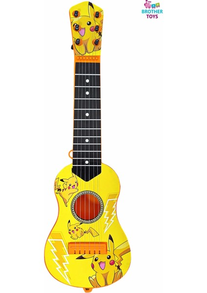Oyuncak Sarı Pikaçu Modelli Ispanyol Gitar 6 Telli Aksesuar Çocuk Gitarı 48 Cm.