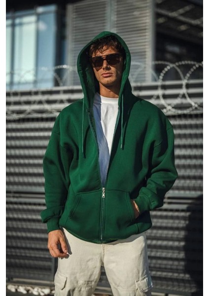 Oversize Tam Fermuarlı Uzun Kol Hırka Siyah-Haki Rahatlıkve Konfor Sunar