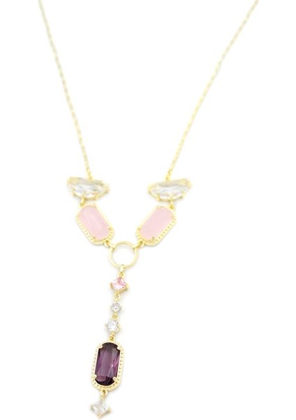 Pembe Taşlı Kolye - Altın