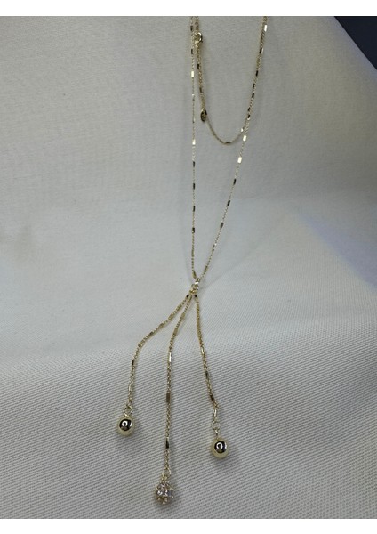 Uzun Zincir Taşlı Topçuk Sallantılı Kolye