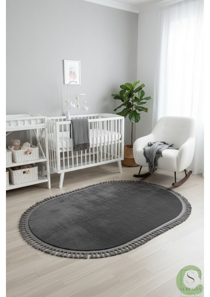 Post/peluş Yıkanabilir Kaymaz Taban Yumşacık Antrasit Örgü Oval Saçaklı Modern ve Şık Salon Oturma Odası Mutfak Çocuk Odası Koridor Antre Halısı fiyatları