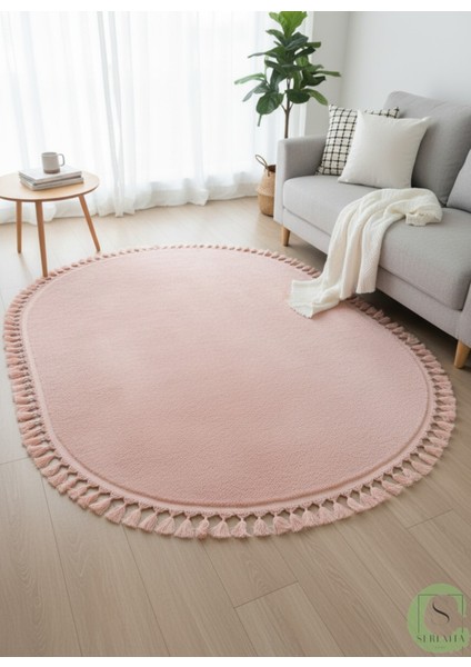 Post/peluş Yıkanabilir Kaymaz Taban Yumşacık Pembe Oval Örgü Saçaklı Modern ve Şık Salon Oturma Odası Mutfak Çocuk Odası Koridor Antre Halısı