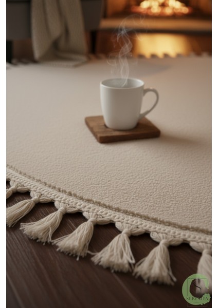 Post/peluş Yıkanabilir Kaymaz Taban Yumşacık Krem/ekru Oval Örgü Saçaklı Modern ve Şık Salon Oturma Odası Mutfak Çocuk Odası Koridor Antre Halısı