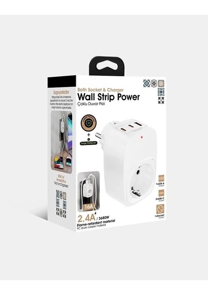 Tekli Yüksek Voltaj Korumalı Duvar Prizi 2x Type-C 1x USB Çıkışlı Priz Grup Priz Çoğaltıcı Beyaz fırsatları