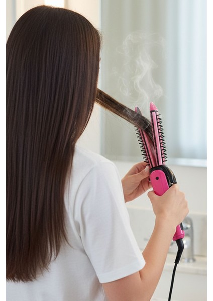 Kalın Başlıklı Rulo Taraklı Profesyonel 2in1 Düzleştirici ve Saç Maşası