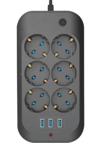 Termal Akım Korumalı, Çocuk Korumalı, 6 Lı 2 mt Uzatma Kablosu 6 x Priz, 3 x USB