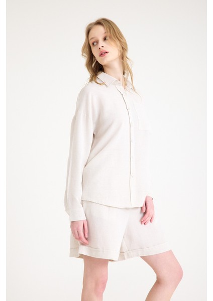 Keten Yazlık Uzun Kol Gömlek Şort Ikili Takım