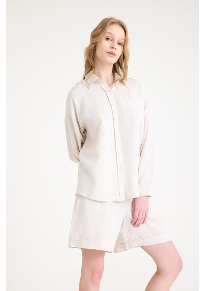 Keten Yazlık Uzun Kol Gömlek Şort Ikili Takım