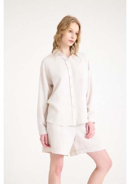 Keten Yazlık Uzun Kol Gömlek Şort Ikili Takım