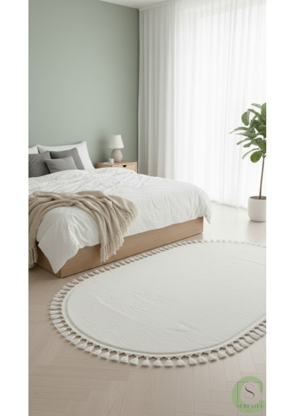 Post/peluş Yıkanabilir Kaymaz Taban Yumşacık Beyaz Oval Örgü Saçaklı Modern ve Şık Salon Oturma Odası Mutfak Çocuk Odası Koridor Antre Halısı