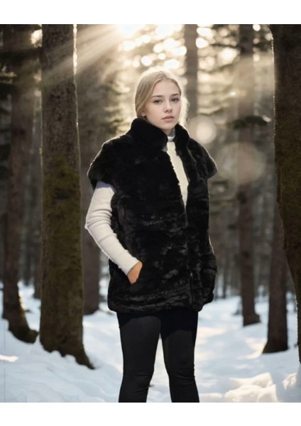 Kadın Kolsuz Hakiki Kürk - Siyah fırsatları