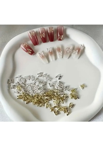 10 Adet Gümüş - Gold Kelebek Tırnak Süsü Nail Art Süslemeleri
