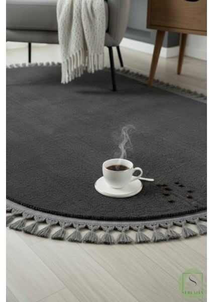 Post/peluş Yıkanabilir Kaymaz Taban Yumşacık Antrasit Örgü Oval Saçaklı Modern ve Şık Salon Oturma Odası Mutfak Çocuk Odası Koridor Antre Halısı